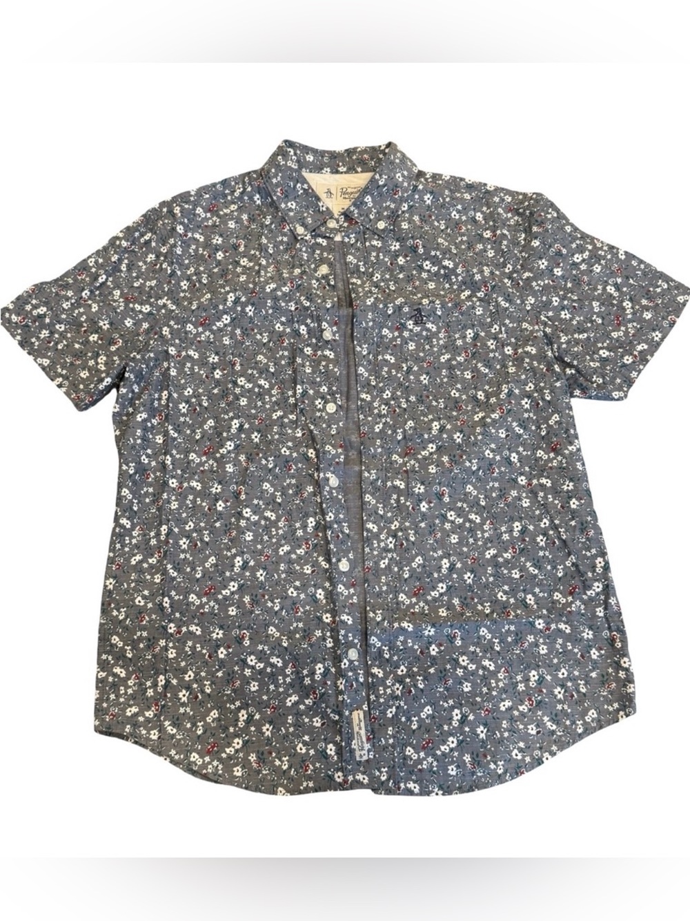 Original Penguin Floral Short Sleeve Button Up Shirt Men’s Medium Blue